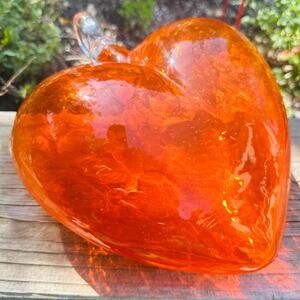Vintage Heavy Art Glass Orange Heart Hand Blown
